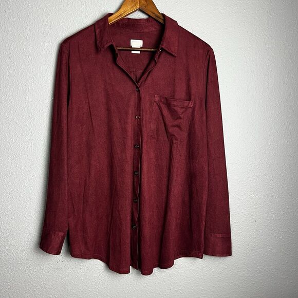 Chico's Everyday Faux-Suede Button-Front Shirt Size 2 (12/14) Burgundy Career - Picture 2 of 9